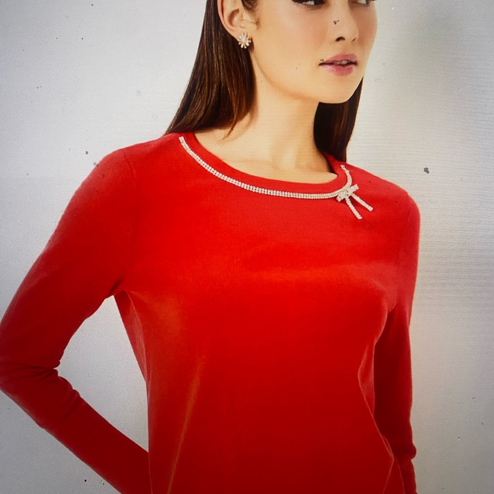Chic Red Long Sleeve Top with Embellished Neckline